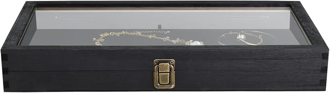 MOOCA 2 Pcs Wooden Jewelry Display Case, Pocket Knife Display Case with Tempered Glass Top Lid and Removable Black Luxurious MDF Velvet Jewelry Pad, Black Color