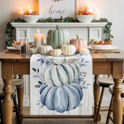 Fall Table Runner Blue Pumpkin Table Runners Harvest Thanksgiving White Blue Pumpkins Wooden Cotton Linen Dresser Scarf Kitchen Dining Table Decor for Autumn Holiday Party Coffee 13x60 Inch