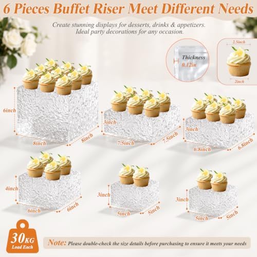 Acrylic Buffet Risers with Mini Sign and Maker, Clear Hammered Water Ripple Dessert Display Stands for Catering Cakes Cupcakes Desserts Drinks Décor Acrylic Display Risers Stackable Nesting Storage