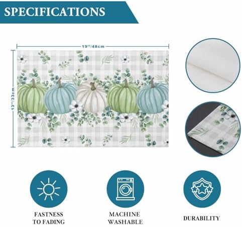 Fall Thanksgiving Placemats Set of 6, Autumn Pumpkins Eucalyptus Leaves Heat Resistant Dining Table Mats Fall Holiday Farmhouse Decor for Kitchen&Linens Outdoor Indoor, White Blue Green Gray Plaid