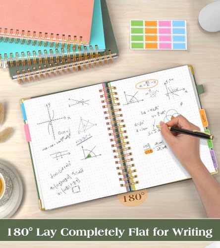 5 Subject Dotted Notebook with Removable Dividers Tabs, 300 Pages Hardcover Leather Dot Grid Spiral Journal, 8"x10" B5 Large Bullet Notebooks for Women Men Work School College Maths Sketching, Green