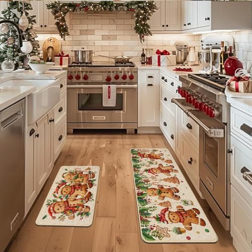 Baccessor Christmas Gingerbread Kitchen Rugs Set of 2,Merry Christmas Xmas Winter Kitchen Mats Washable Non Slip for Floor Hallway Laundry Sink Holiday Home Decor 17x29 and 17x47 Inch