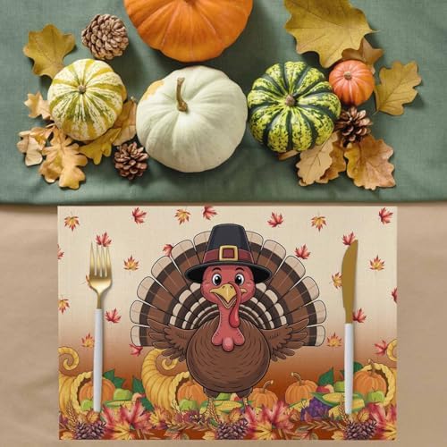 Vandarllin Thanksgiving Turkey Placemats Set of 4, Fall Leaf Autumn Harvest Pumpkin Cotton Linen Stain Resistant Table Mats Washable Placemat Decoration for Kitchen Dining Table,Yellow