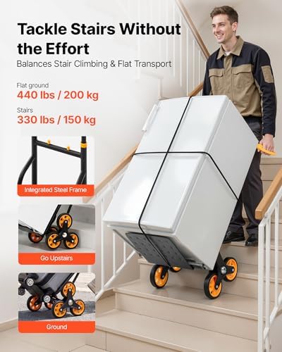 VEVOR Stair Climbing Cart 440 lbs, 330 lbs Stair-Climbing Capacity, Heavy-Duty Folding Trolley Cart with Telescoping Handle, 6 Wheels and 2 Bungee Cords for Home, Groceries, Warehouse
