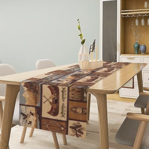 Retro Rustic Style Table Runner, Vintage Moose Deer Bear Leaf Tree Country Style Farmhouse Cottage Cabin Dinner Table Decoration for Home Kitchen Dining 13"x36"
