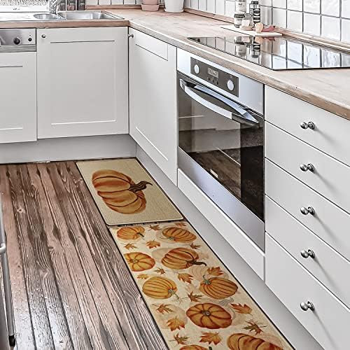 Fall Pumpkin Kitchen Mats Set of 2, Autumn Kitchen Rugs, Non-Slip Absorbent Door Mats, Seasonal Thanksgiving Home Decor Kitchen Floor Mat 17x29 and 17x47 Inch DM087