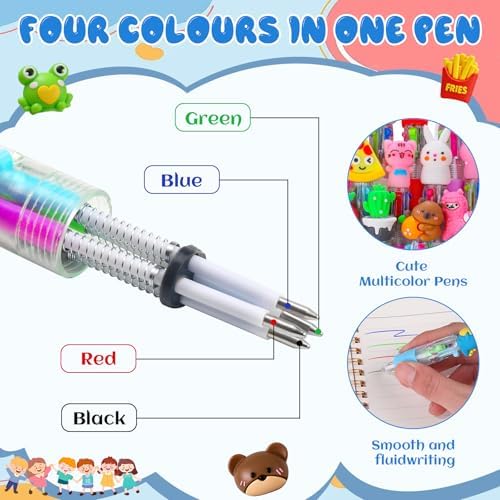 104 Pcs Mini Multicolor Pens in One 4-in-1, Cute Kawaii Ballpoint Pens Bulk with 52 Different Designs, Classroom Rewards, Student Gifts, Party Favors, Back to School Supplies for Kids