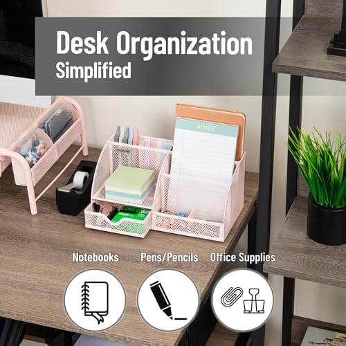 Mind Reader 7-Compartment Desktop Organizer, Metal Mesh Desk Organizer for Pens, Sticky Notes, Mail and Office Supplies, Pink