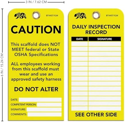 BearTOOLS Scaffold Tags Safety Inspection Kit with Cable Ties - Caution Scaffold Status Warning Sign - Laminated 3 x 6 in, Pack of 25 - Weatherproof, Tear-Resistant - Yellow Tags