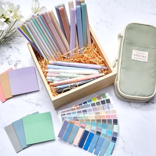 135 Pcs Book Annotation Kit with Pencil Case, 12 Pastel Highlighters, 11 Gel Pens, Fine Marker, 300 Transparent Sticky Notes, 2640 Index Tabs, Bible Study Supplies Kit(Classic,Light Green)