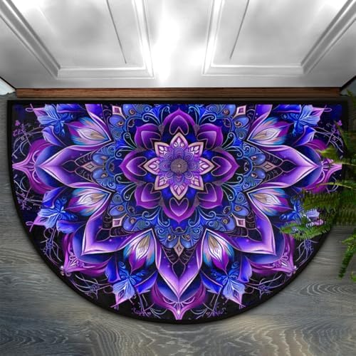 Half Round Door Mat Mandala Ethnic Boho Non Slip Washable Semi Circle Area Rug Absorbent Soft Half Moon Rug Floor Mat for Indoor Outdoor Kitchen Bathroom Patio Front Door Mat Decor
