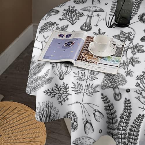 Vintage Mushroom Tablecloth, Black White Nature Forest Fern Leaves Autumn Plants Botanical Print Table Cover for Home Dining Decor Kitchen Party Outdoor, 70x70in