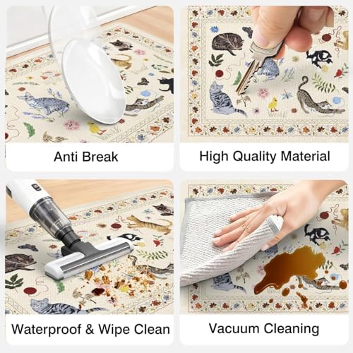 Boho Cushioned Anti Fatigue Mats for Kitchen Floor,Farmhouse Beige Floral Animal Cat Non-Slip Water Resistant Runner Comfort Foam Standing Rugs Non Skid for Home Sink,Office,Laundry 17"x47"+17"x30"