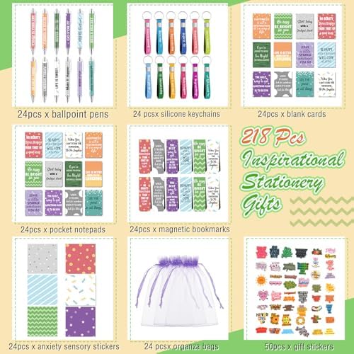 Pasimy 218 Pcs Inspirational Stationery Gifts Motivational Mini Notepad Pen Quote Bookmarks Stress Relief Stickers Inspiring Silicone Keychains for Home Office Appreciation Gift(Stylish)