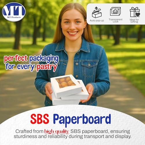 MT Products White Bakery Boxes 8" x 8" x 2.5" - Elegant Pastry Boxes (Pack of 10) - Made in USA