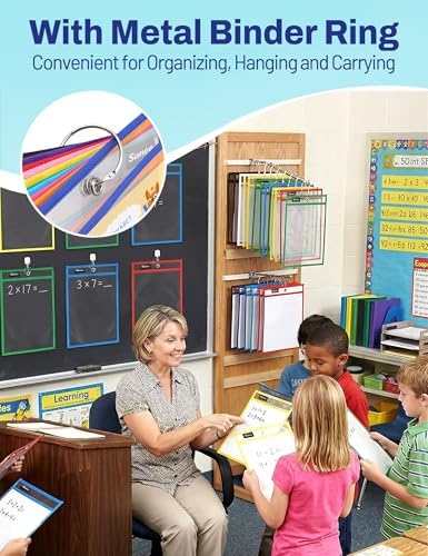 SUNEE 100 Packs Oversized Reusable Dry Erase Pocket Sleeves with 5 Rings, 10 Assorted Colors 10x14 Ticket Holders, Clear Plastic Sheet Protectors, Teacher School Classroom Supplies