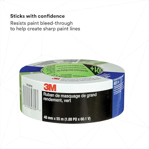 3M High Performance Green Masking Tape 401+, 48 mm x 55 m, 1 Roll | Superior Adhesion, Clean Removal, Highly Conformable, Paint-Bleed Resistant