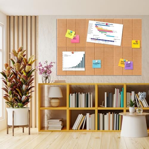 6 Packs Brown Cork Board Felt Board Tiles, Bulletin Board 12"X12" with 30 Push Pins, Felt Board for Home Kitchen Office Decor, Self-Adhesive Corkboard Tiles for Walls School Message Display Board