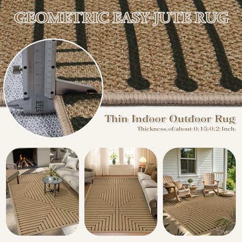 Lahome Neutral Outdoor Rug 5x7, Black and Brown Classroom Easy Jute Rug