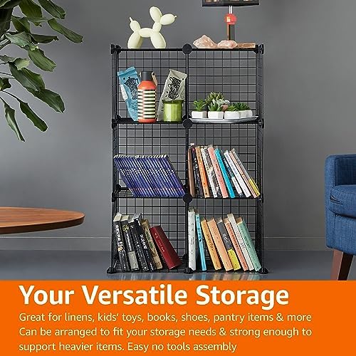 Amazon Basics 6-Cube Wire Grid Stackable Storage Organizer, Metal Shelving Unit, No-Tool Assembly, 26"W x 38"H x 12.6"D, Black
