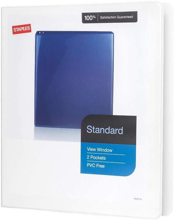 Staples Standard 0.5-Inch 3-Ring View Binder, Holds Up to 100 Sheets, White, Slim Binder for Office, School & Home
