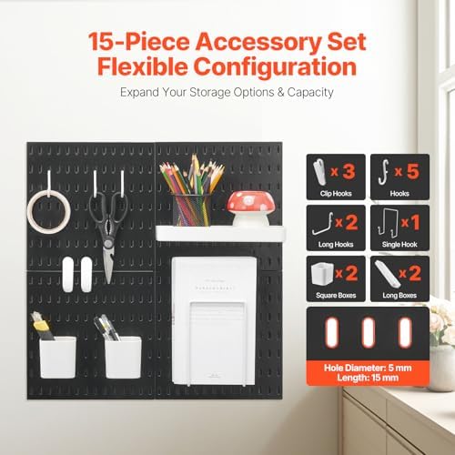 VEVOR Pegboard Combination Kit, 11" x 11" Plastic Pegboard, 4 Panels, Peg Board Wall Organizer Kit with Accessories, for Garage Tool Storage Kitchen Living Room Craft Room Office Bathroom Home, Black