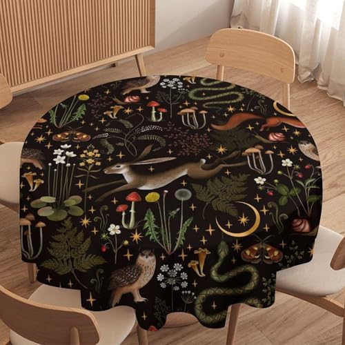 Rustic Forest Tablecloth, Fairy Tale Forest Woodland Wild Animals Moths Flowers Moon Star Table Cover for Home Kitchen Dining Table Party Camping Decor, 70x70in