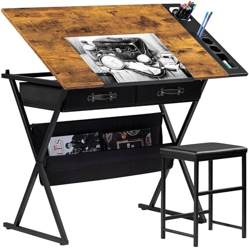 VECELO Drafting Table Art Desk Art Table Adjustable Drawing Table Tilted Tabletop with 2 Storage Drawers and Stool, Drawing Desk for Artist Painters Drawing, Crafting, Reading, Writing, Rustic Brown