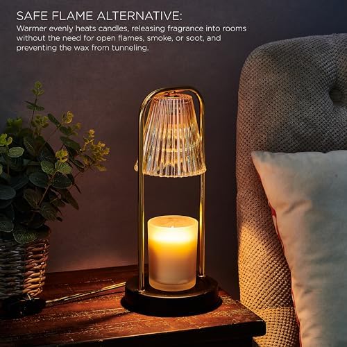 Mikasa 13.8 Inch Electric Candle Warmer Lamp with Amber Glass Shade and Wooden Base - Flameless Candle Melter with Dimmer Control for Home Decor and Fragrance, 50W Halogen Bulb Included