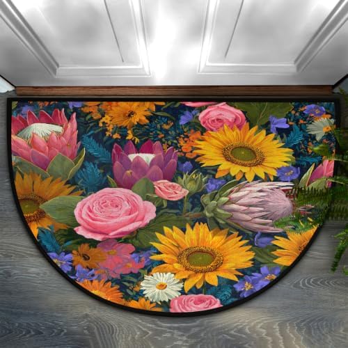 Sunflower Rose Half Round Door Mat Non Slip Washable Semi Circle Area Rug Absorbent Soft Half Moon Rug Floor Mat for Indoor Outdoor Kitchen Bathroom Patio Front Door Mat Decor