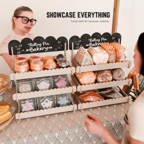 HOTCAN Wooden Cookie Display Stand with Chalkboard Sign for Bakers, Vendors, Craft Fairs | Pastry Display for Market Booths & Events | 3 Tiered Cookie Display for Muffins, Cakes, and Pastries(Natural)