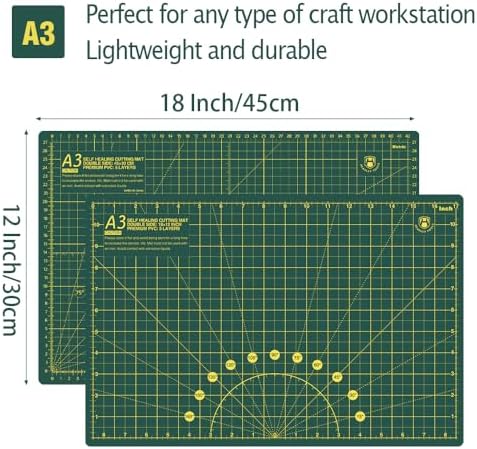 Headley Tools 18"x12" Thickened Self Healing Cutting Mat, A3 Rotary Cutting Sewing Mat for Crafts, Double Sided 5-Ply Table Cutting Board for Fabric Quilting Leather Arts Hobby Project, Green