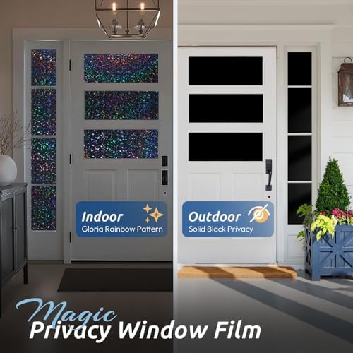 rabbitgoo Blackout Rainbow Window Privacy Film Decorative Stained Glass Diamond Pattern Window Sticker with Iridescent Tint Non-Adhesive Static Cling for Home Office Bathroom, 17.5 x78.7 inch, Black