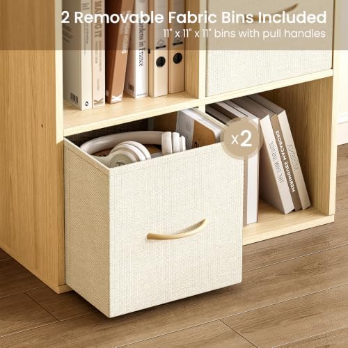 EXPERLAM 4 Cube Storage Organizer - Solid Wood Bookshelf with 2 Storage Bins, Cube Shelf with 2 Removable Back Panels, Vertical or Horizontal Bookcase, Open Book Shelf for Bedroom, Living Room, Office