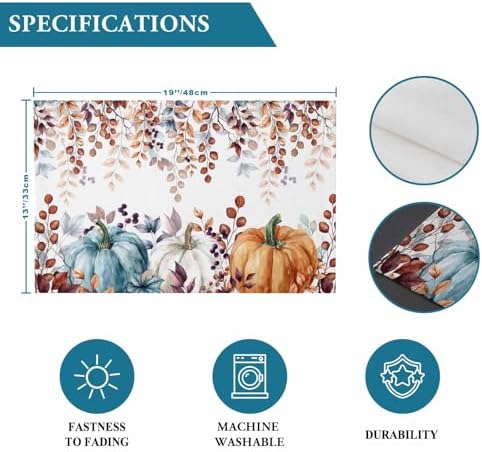 Fall Thanksgiving Placemats Set of 4, Watercolor Pumpkins Eucalyptus Leaves Heat Resistant Washable Linen Table Place Mats Party Holiday Decor for Home Kitchen Dining Outdoor Indoor, Blue Orange