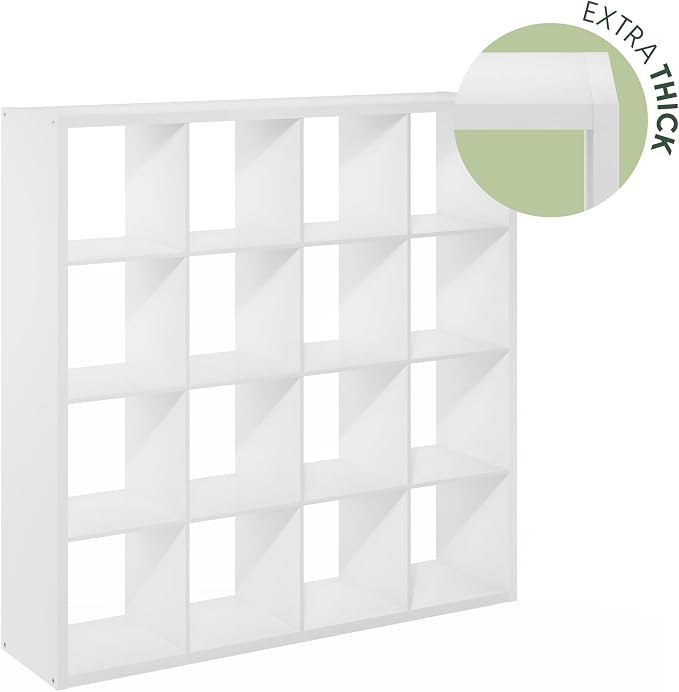 Furinno Cubicle Book Shelf, 16-Cube Bookshelf, Extra Thick Frame Reversible Tall Wide Bookcase with Open Back, 14.6 x 57.8 x 58, for Living Room, Bedroom, Home Office, Plain White