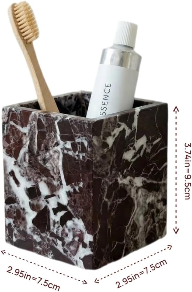 Natural Marble Pen Holder, Square Desk Organizer, Marble Toothbrush Holder, Multi-Functional Makeup Brush Holder, Decorative Storage Cup for Office Vanity Bathroom Kitchen (Rosa Levanto)