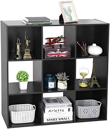 SUPER DEAL 9 Cube Open Shelf Bookcase 3 Tier Bookshelf Wood Cabinet Storage Organizer Display Shelves with 5 Removable Back Panels for Home, Office, Bedroom, Living Room, Black