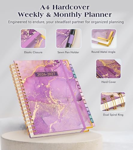 Academic Planner 2026-2027, 18 Months Weekly and Monthly Hardcover Planner, July 2026 - December 2027, 8.5" x 11" A4 Large Daily Calendar Planner Book with Tabs, Spiral College School Agenda Organizer for Student Teacher, Purple Marble