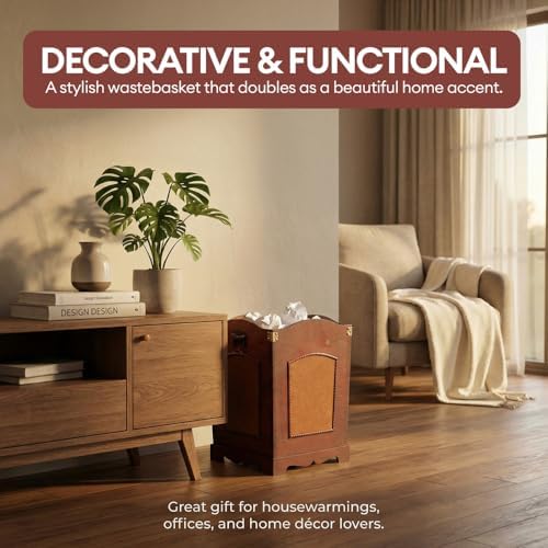 Vintiquewise Antique Wooden Wastebasket Trash Can with Handle – Decorative Solid Wood Trash Bin for Bathroom, Office, Bedroom or Living Room – Vintage Rustic Wooden Waste Can Organizer