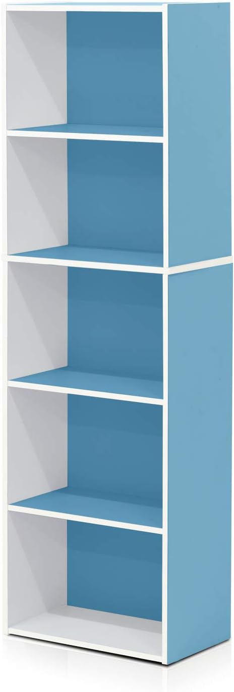 Furinno LUDER Book Shelf, 5-Tier Bookshelf, Bookcase with Open Shelves, 9.4 x 15.8 x 52, Easy Assembly, for Living Room, Bedroom, Home Office, White/Light Blue