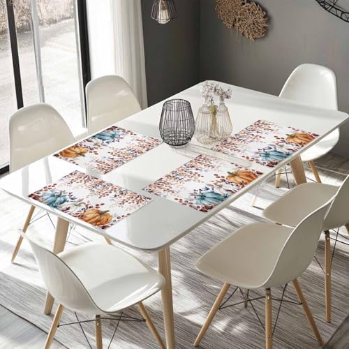 Fall Thanksgiving Placemat, Watercolor Pumpkins Eucalyptus Leaves Heat Resistant Washable Linen Table Place Mats Party Holiday Decor for Home Kitchen Dining Outdoor Indoor, Blue Orange
