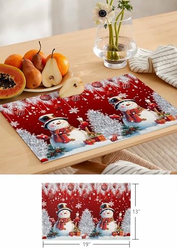 Christmas Red Placemats Set of 6, Cotton Linen Snowflake Cute Snowman Table Mats Non-Slip Washable Xmas Tree Red Christmas Balls Ornaments Placemat for Xmas Dining Kitchen Table Decor