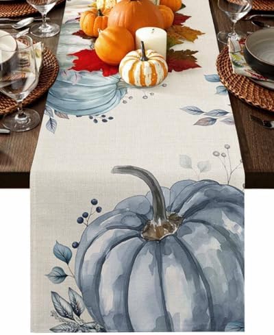 Fall Pumpkin Table Runner Dresser Scarf 13 x 70 Inch White Blue Leaves Rustic Table Runners Non-Slip Heat Resistant Kitchen Dining Table Decor for Autumn Thanksgiving Holidays Indoor Outdoor