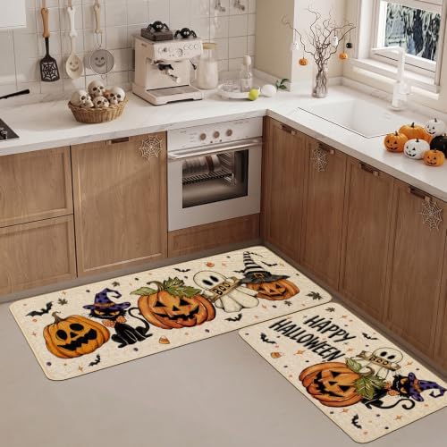 Baccessor Halloween Kitchen Rugs Set of 2, Spooky Pumpkin Ghost Cat Bat Kitchen Mats Low-Profile Non Slip Washable Rugs for Floor Home Decor 17x29 and 17x47 Inch
