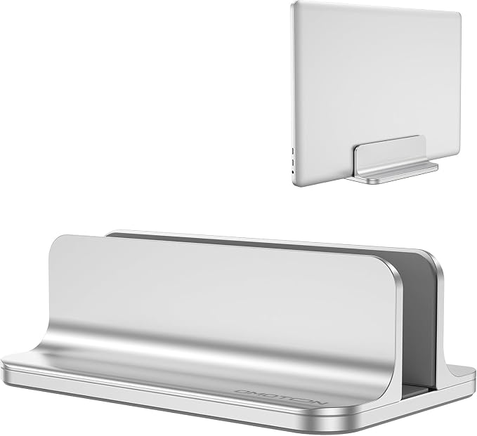OMOTON Vertical Laptop Stand Holder, Adjustable Dock for MacBook, Silver | Aluminum Stand for MacBook Stand, Fits Chromebook & Gaming Laptops up to 17.3 in, Office Desk Organization, Space-Saving