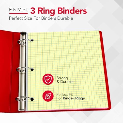 KAISA Loose Leaf Notebook Paper, 4x4 Quad Graph Ruled, 300 Sheets Per Lined Paper, 8" x 10.5", 3 Hole Punched for 3 Ring Binder, Canary, Made In USA