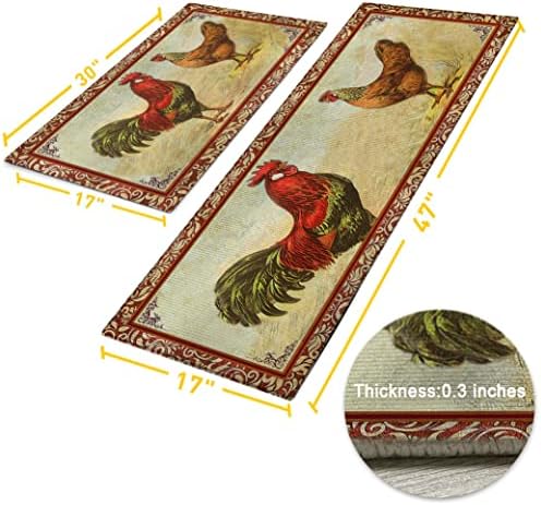Chicken and Rooster Kitchen Rugs for Floor 2 Piece Sets, Farmhouse Decor for Rooster Kitchen Rug, Chicken Mats for Kitchen in Front of Sink for Standing for Country Kitchen Decor 17"X30"+17"X47"