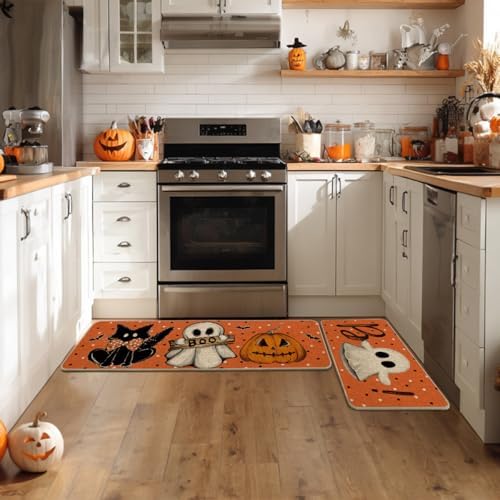 Artoid Mode Ghost Boo Orange Halloween Kitchen Mats Set of 2-17x29+17x47