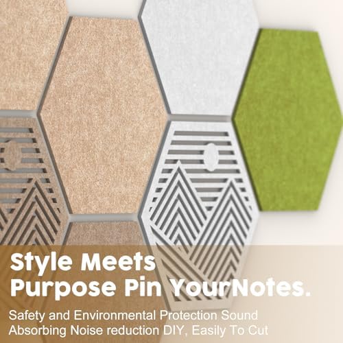 10PCS 11.8" Large Hexagon Felt Cork Board Tiles, Geometric Modular Bulletin Boards with 50 Pushpins, 35 Adhesive Tabs for Office School Home Wall Decor Stickers Memos Photos Display (Hexagon)